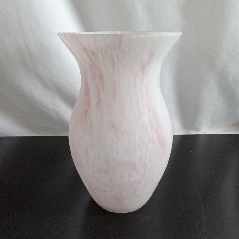 FTD Pink White Frosted Glass Vase Marbled Swirl Flared Rim Flower Urn 8.5 Inch